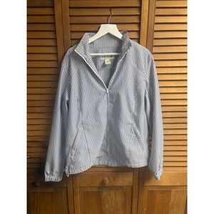 Orvis Womens Seersucker Zip Up Jacket Blue White Striped Mock Neck Small